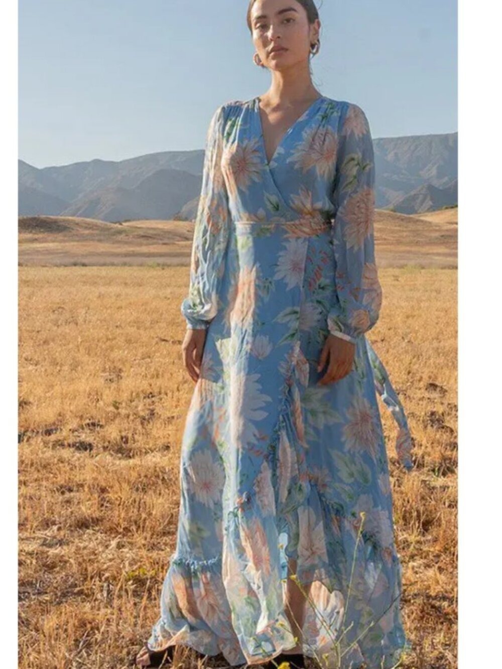 Yumi Kim Marie Blue Floral Maxi Wrap Dress Sheer Long Sleeve M NWT